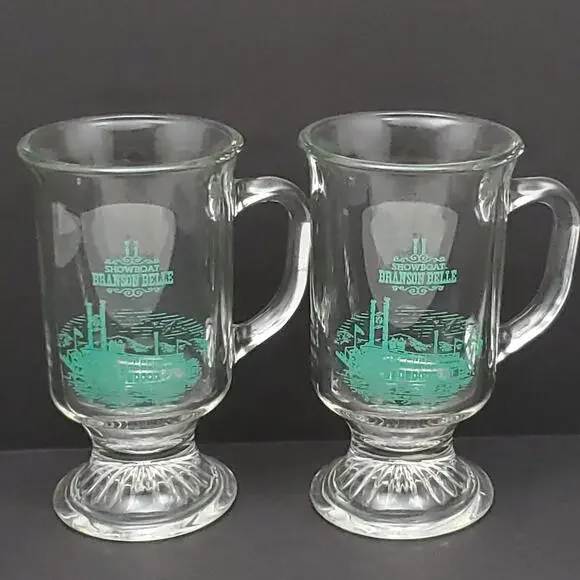 2 Anchor Hocking Showboat Branson Belle Footed Irish Coffee Mug Steamboat 5 1/4