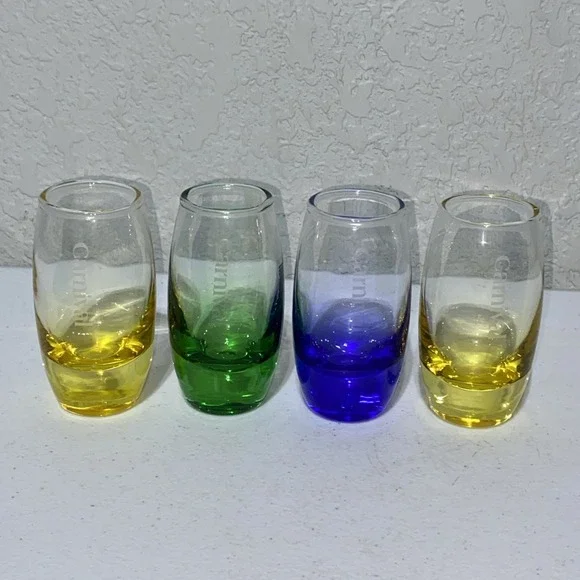 Set Of 4 Carnival Cruise Line Shot Glasses Heavy Weighted Yellow Blue Green 3.5