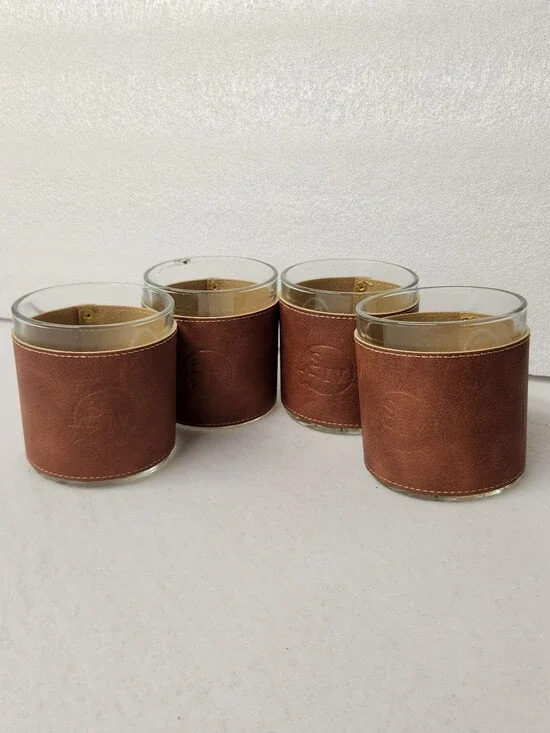 Makers Mark SIV Bourbon Whiskey Leather Wrapped Rocks Glasses Tumblers Set of 4