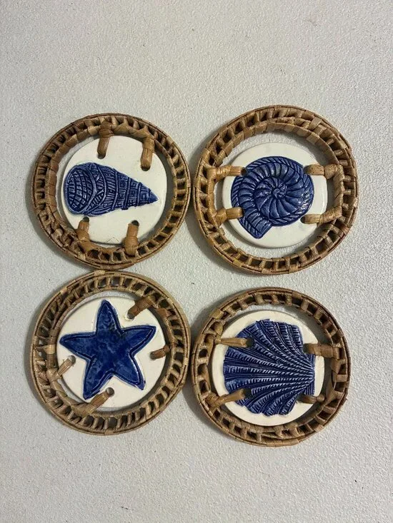 Woven Rattan Porcelain Blue & White Beach Coasters Set of 4 Seashore Nautical