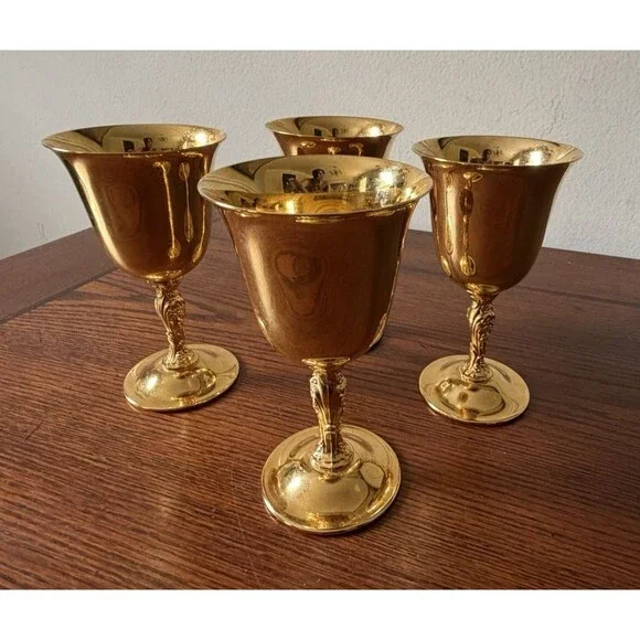 Set of 4 Vintage 24K Gold Plated Liqueur Cordial Goblets International Silver Co