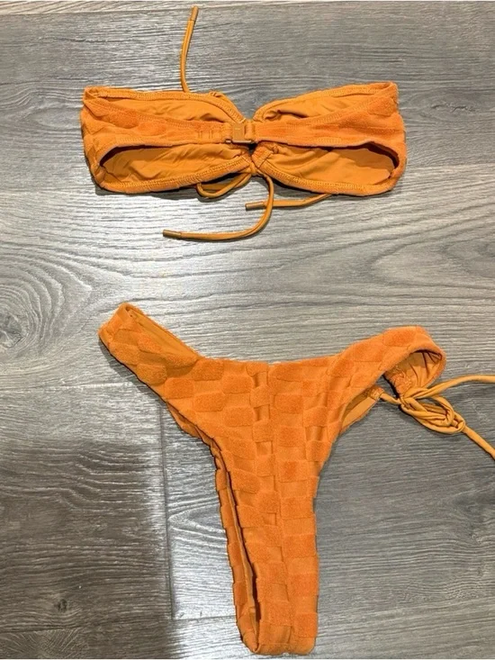 Textured Orange Bandeau Bikini Set