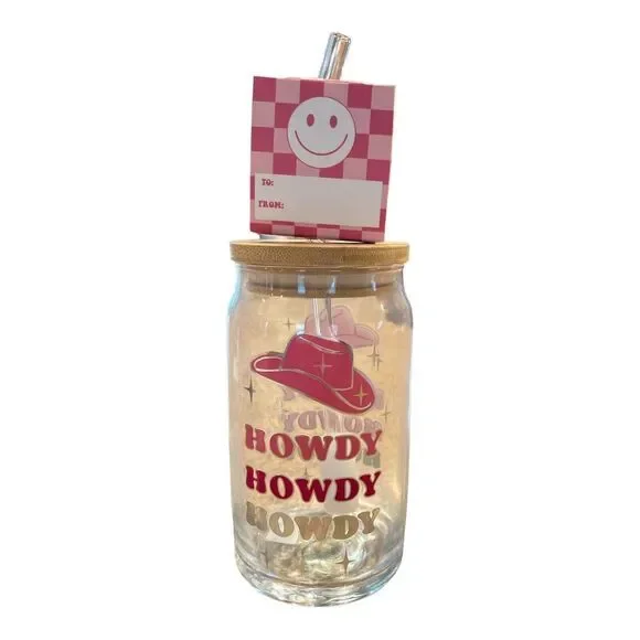 HOWDY Cowgirl Pink Cowboy Hat Howdy Beer Can Glass, bamboo lid  & straw NWT