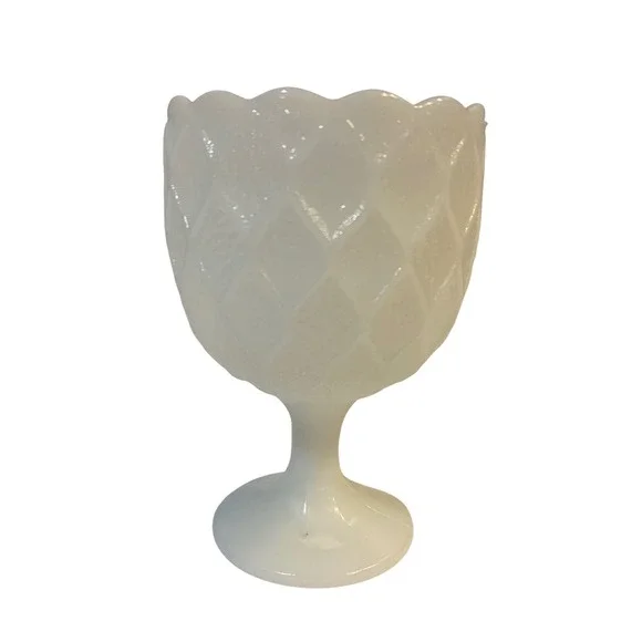 Vintage‎ White Milk Glass Diamond Quilted Scalloped Goblet Mid Century Decor
