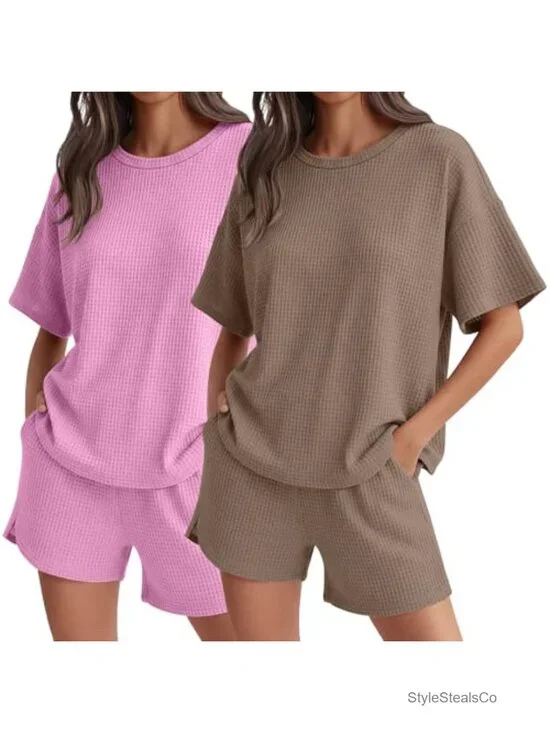 Waffle Knit Pajama Sets with Pockets Short Sleeve Top and Shorts Matching Set