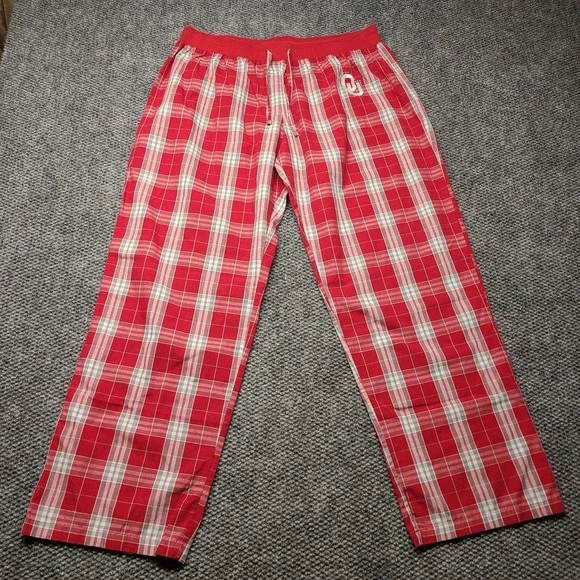 Oklahoma  Women's Pajama Pants Red Plaid Flannel Cotton Waist Size XL Rhinestone