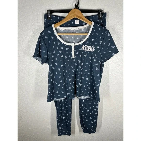 Aeropostale Pajama Set Womens Small Navy Floral Waffle Knit Henley Joggers‎