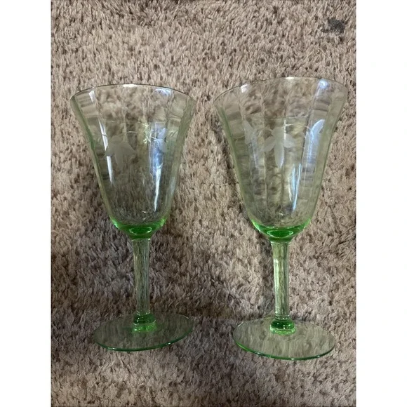 Vintage Green Uranium Glass Etched Flower Wine Glasses Set Of 2 Depression