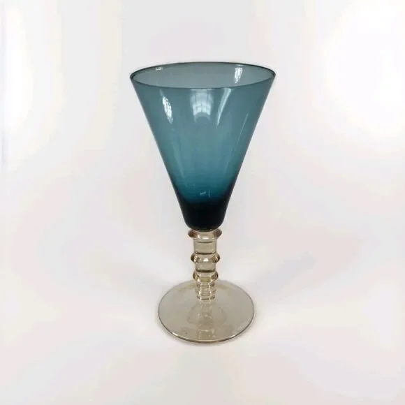 Vintage MCM Smoky Blue Glass Goblet Amber Stepped Ribbed Stem 2-Tone Wine Glass