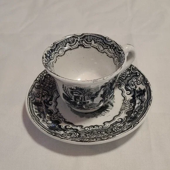 VTG La Cartuja de Sevilla “Vistas” Cup Saucer – Rare Black Transferware  Spain