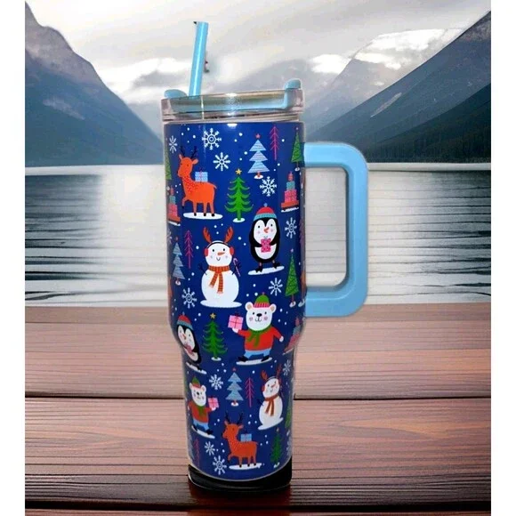 40 oz Christmas Animals Insulated Tumbler Cup with Handle Top Lid Travel Gift