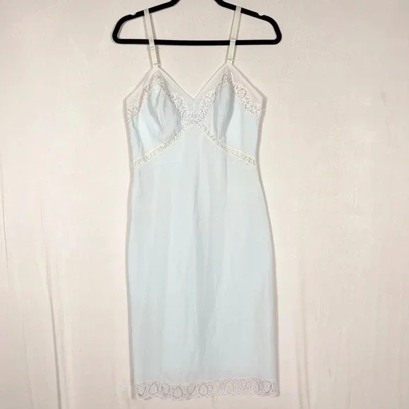 Vtg Baby Blue Lace Trim Full Slip Dress XS/S Adjustable Strap Lingerie Nightgown