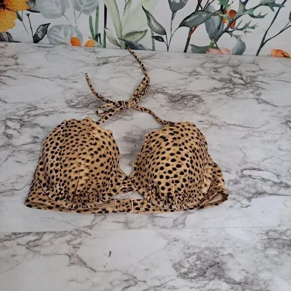 Shade Shore Bikini Top Animal Print 34C Ruffle Tie Neck‎ Bra