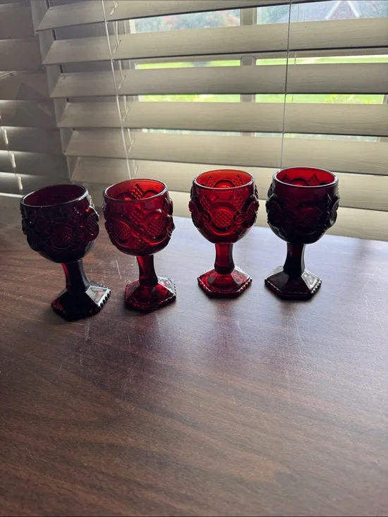 Set of 4 Ruby Red Pressed Glass Goblets