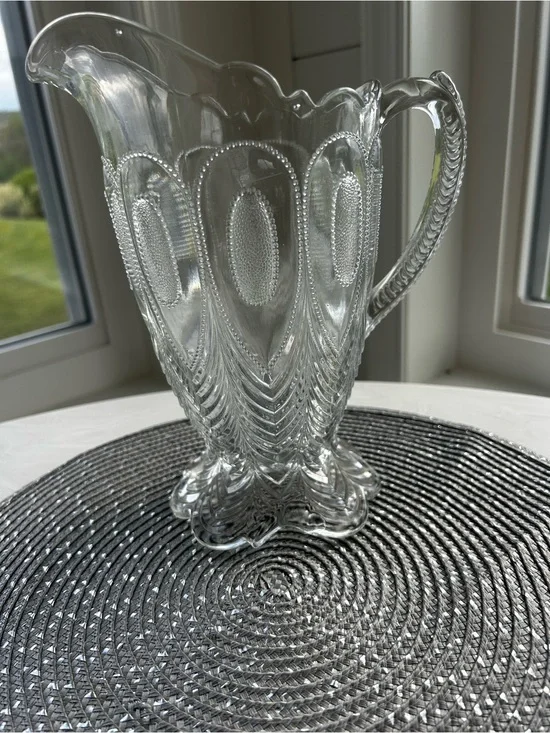US Timeless Decor Glass EAPG Peacock Feather Pattern Clear Water Pitcher Vase