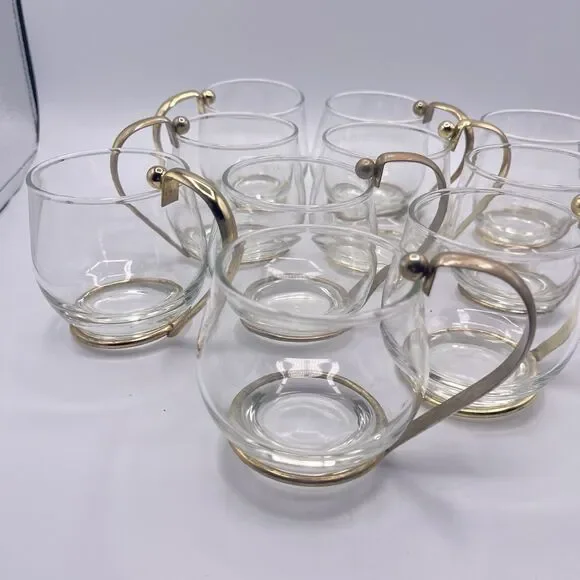 11 Vintage Brass Handled Glass Mugs Mid Century Modern Bar Ware