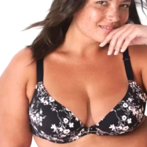 Cacique Black Pink Whimsy Floral Boost Plunge Bra 40C