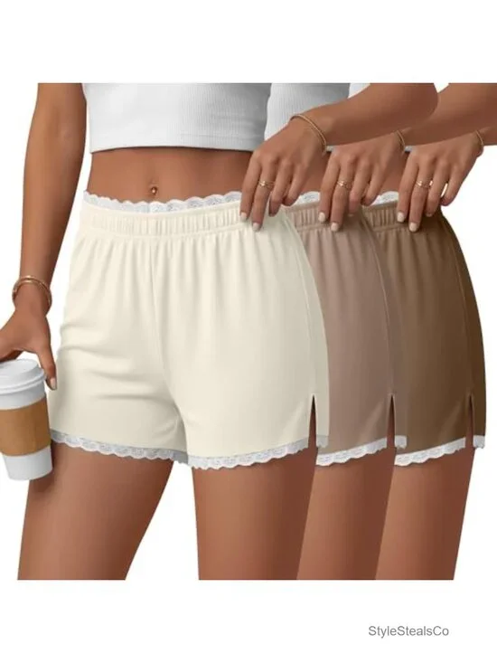 3 Pack Pajama Shorts Lace Trim Lounge Shorts Elastic Waist Summer Bottoms