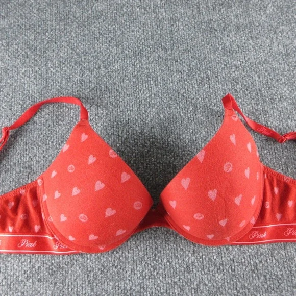 PINK Wear Everywhere Bra Womens 34C Red Heart Print Push Up Underwire Padded