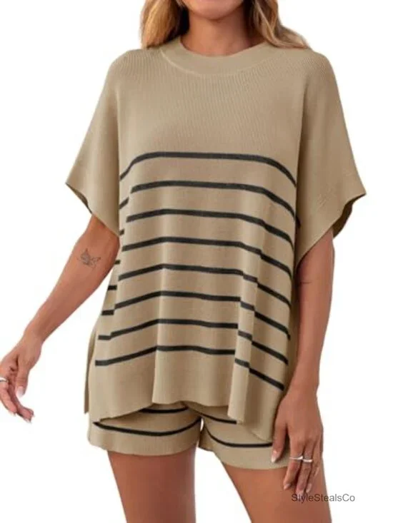 Striped 2 Piece Lounge Set Oversized Batwing Top High Waisted Shorts Summer Knit