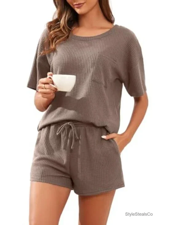 Waffle Knit Lounge Set 2 Piece Pajamas for Women with Pockets