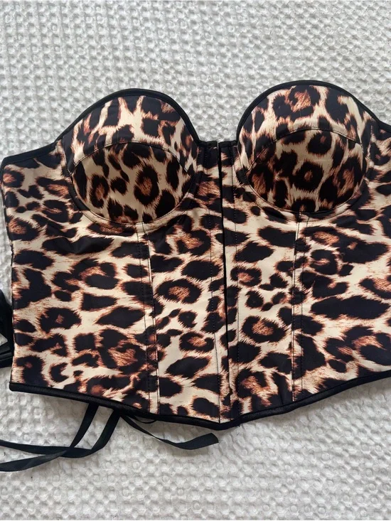 Amazon Leopard Print Strapless Corset Bandeau in Black and Tan