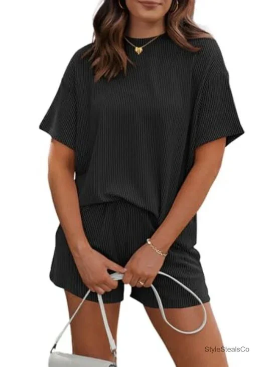 2 Piece Short Sleeve Lounge Set Ribbed Knit Shorts Set