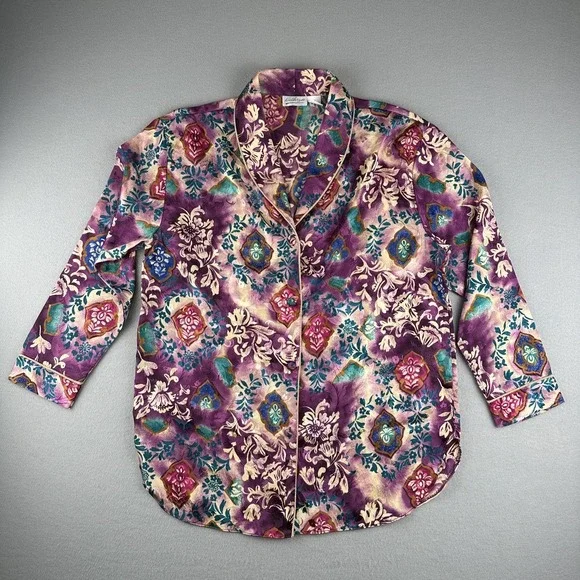 Kathryn Satin Floral Sleep Shirt Nightgown Button Green Blue Purple Size M