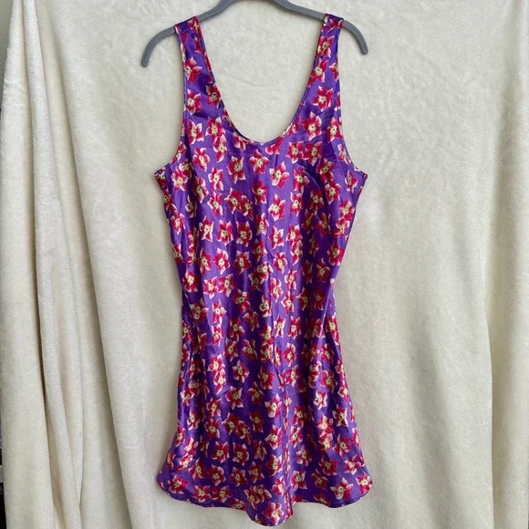 Vintage Go‎ Softly Purple Floral Slip Dress Nightgown Women L Large Satin Mini