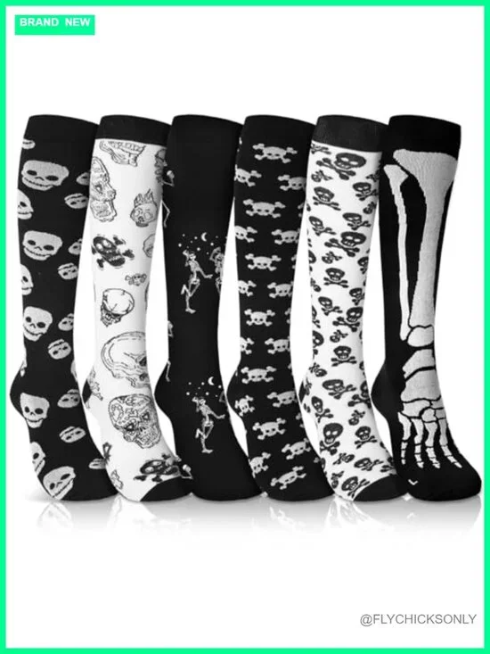 6 Pairs Halloween Compression Socks Knee High for Sports Running Flying Nurses