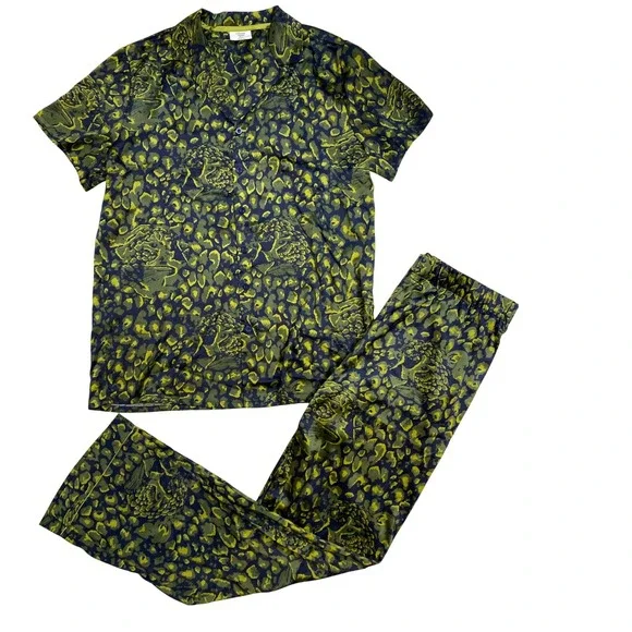 Chelsea Peers Pajama Set‎ Womens Small Green Navy Leopard Print 2pc Sleepwear