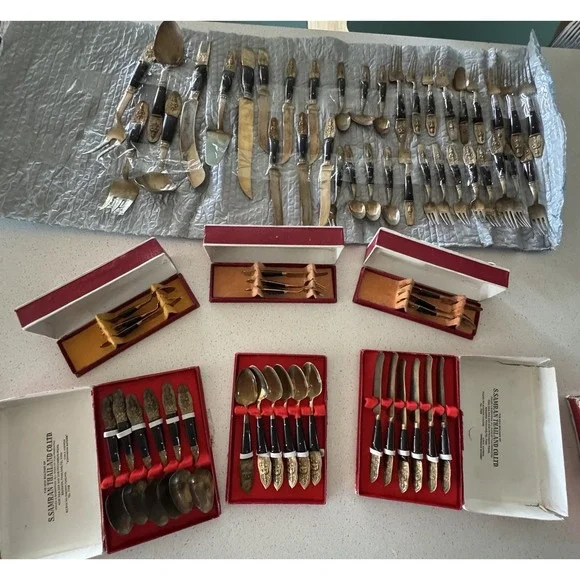VINTAGE S. Samran Thailand Co BRASS/BRONZE FLATWARE MADE IN THAILAND 65 pieces