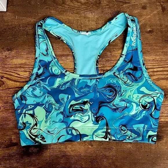 REEBOK WOMEN'S BLUE PAINT SWIRL RACERBACK SPORTS BRA, SIZE MEDIUM
