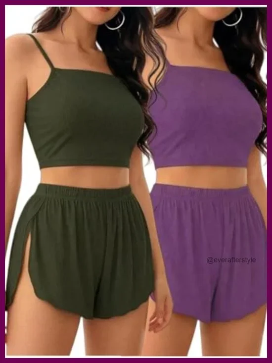 2 Pack Pajama Set Ribbed Knit Cami Crop Top & Side Split Shorts Sleepwear