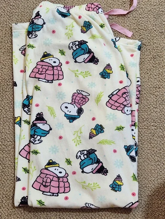 Women's Peanuts Cream Pajama Pants with Pink & Blue Snoopy Winter Print Size L