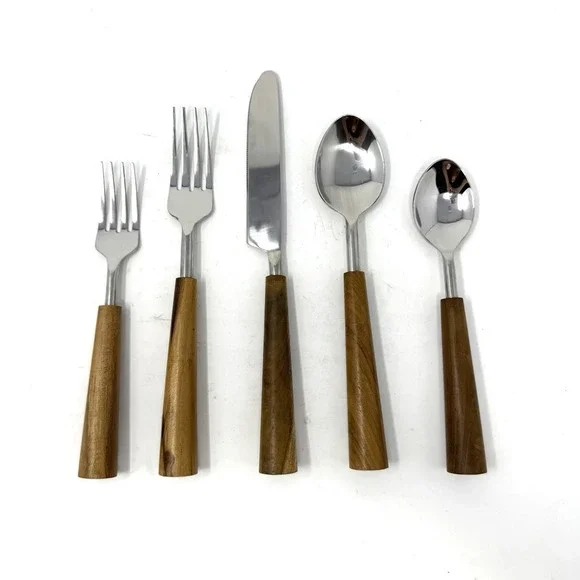 Anthropologie Lanai Sky‎ 5-Piece Flatware Set Wooden Handle Fork Knife Spoon