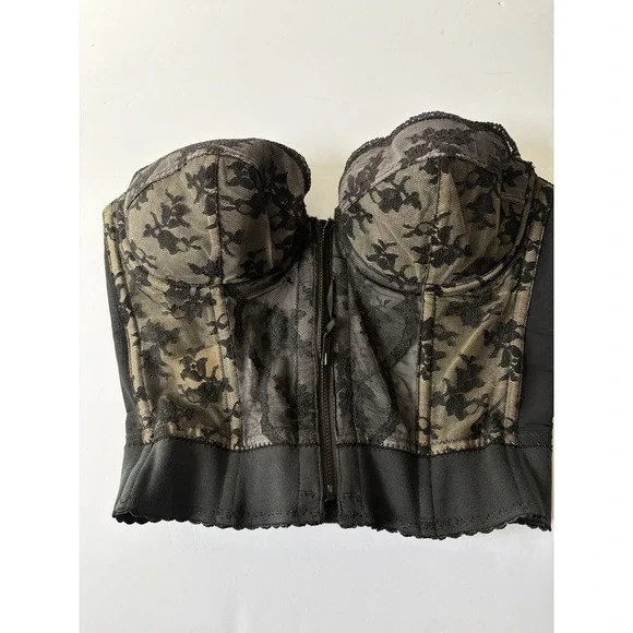 Vintage Lady Marlene‎ Lace Bustier 36B Black Nude Boned Zip Corset