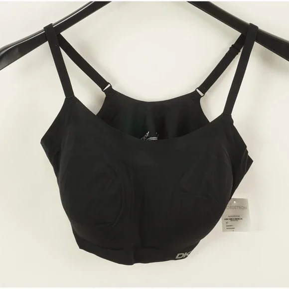 New DKNY Women's XL Laser Cut Scoopneck Sports Bra Black Jersey‎ Performance