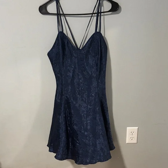 Vintage Victoria's Secret Gold Label Navy Blue Embossed‎ Floral Babydoll Teddy