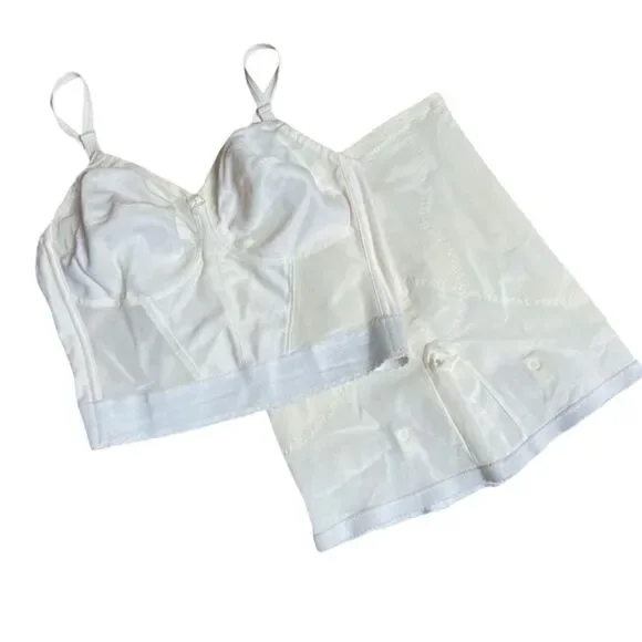 Vintage 1960s / 1970s Ivory Mesh Panel Long Line Soft Cup Bra Corset Bustier
