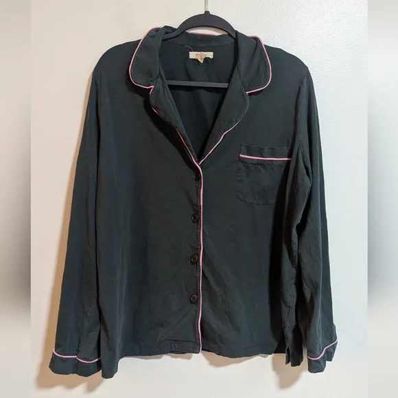 Madewell‎ Dark Green Pink Contrast Button Front Collar Long Sleeve Pajama Top XL