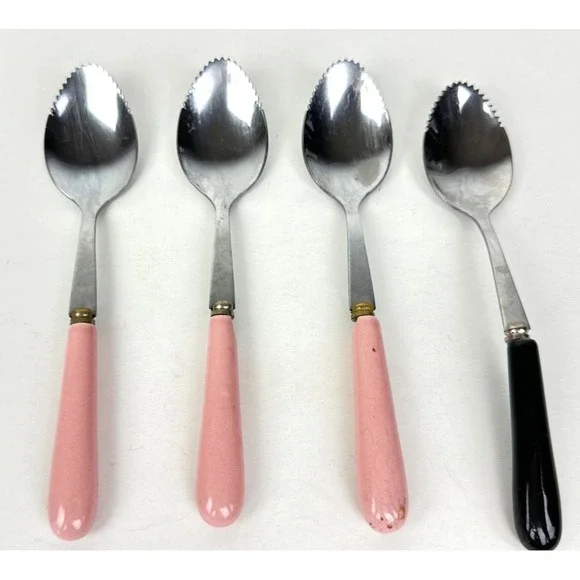4 Vtg Grapefruit Spoons 3 w Pink Handles & 1 w Black Handle Stainless Steel