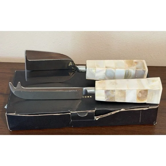 ANNA New York Mother of Pearl Cheese Knife Set 2pc Stainless Steel NIB