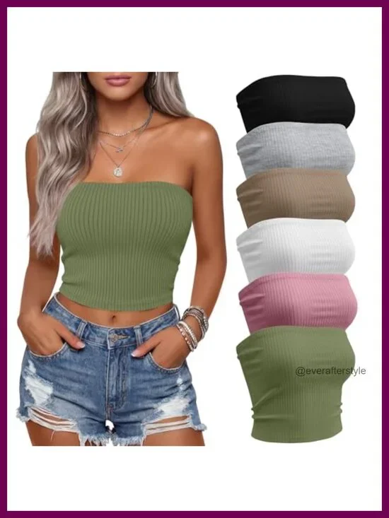 6 Pack Women's Cotton Tube Tops Strapless Ribbed Knit Backless Bandeau Crop Tops
