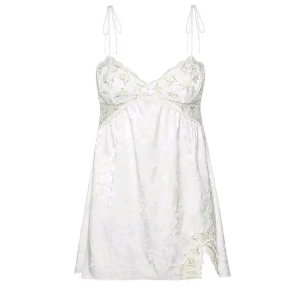 Floral Embroidered Satin Mini Slip Dress - Size Small - Cottagecore Style