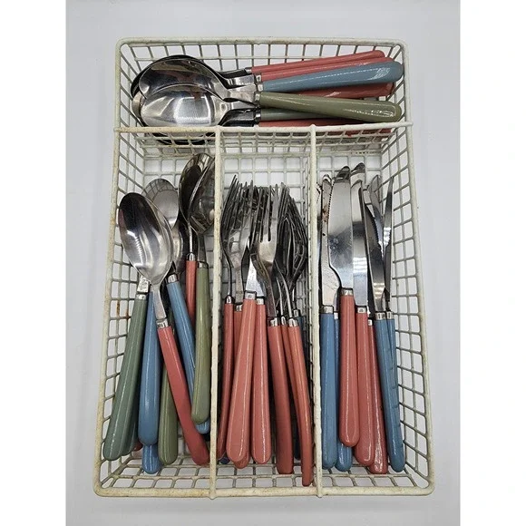 Vintage Flatware Set Stainless Steel Pink Blue Green MCM Colorful  Handles