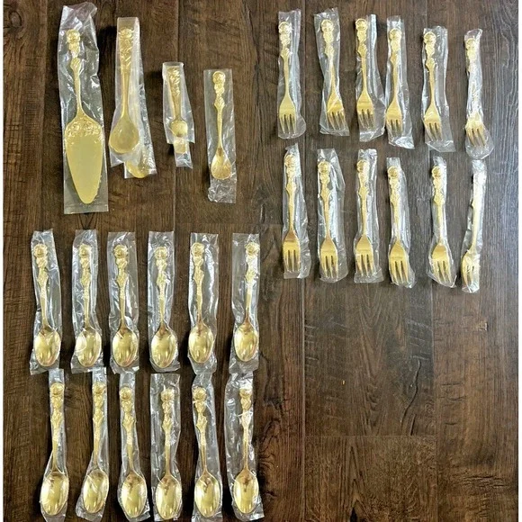 Vintage Gold Plated Romantic Rose Dessert Flatware Set 28 Pc EP SS Japan NOS