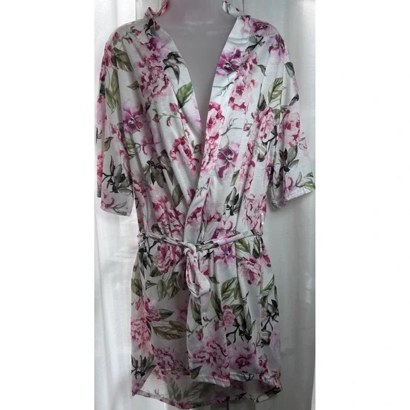Show Me Your Mumu Robe Womens One Size White Pink Belt Floral VNeck Long Sleeves