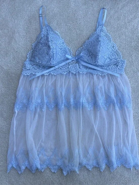 Vtg Cinema Etoile Seductivewear Large Light Blue And White Babydoll Top W Lace
