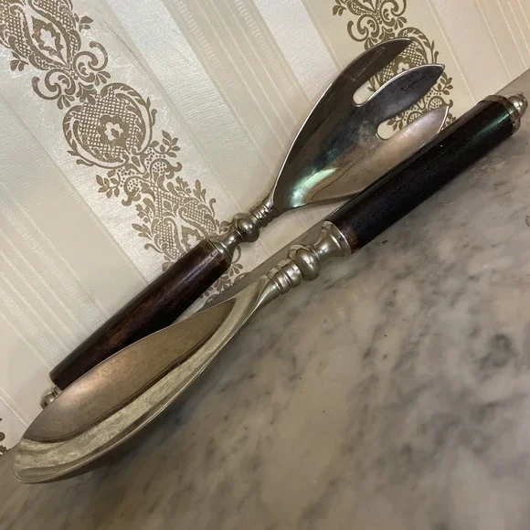 Vintage pair of serving spoons metal with wood handle India